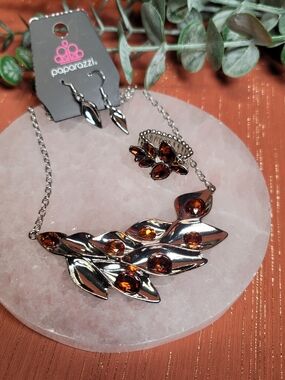 paparazzi Silver Leaf Necklace, Ring & Earring Set with Amber Stones
